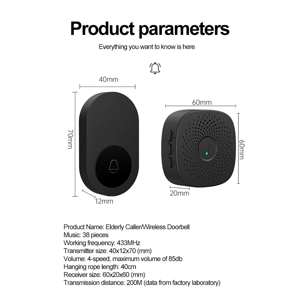 Wireless Doorbell for Home Outdoor USB Smart Door Bell 4-speed Volume Adjust DC 5V Pairing Remote Control 38 Songs Bed Care Call