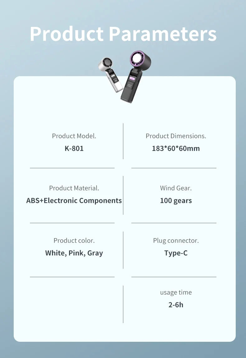 Ice Cooling Fan Mini Portable Hand Fan USB Rechargeable 4000mAh Foldable Hanging Neck Small Fan Electric Refrigeration Turbo Fan