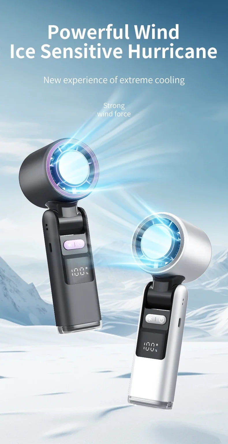Ice Cooling Fan Mini Portable Hand Fan USB Rechargeable 4000mAh Foldable Hanging Neck Small Fan Electric Refrigeration Turbo Fan