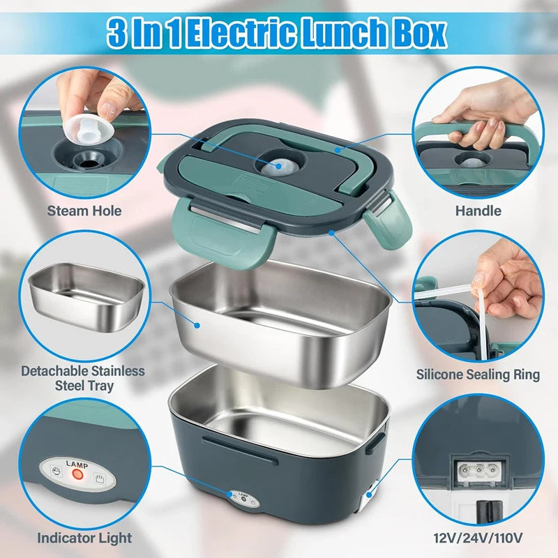 Electric Lunch Box Food Heater, 3-in-1 Portable Food Warmer, With Fork Spoon and Insulated Carry Bag, for Car/Truck/Office/Home