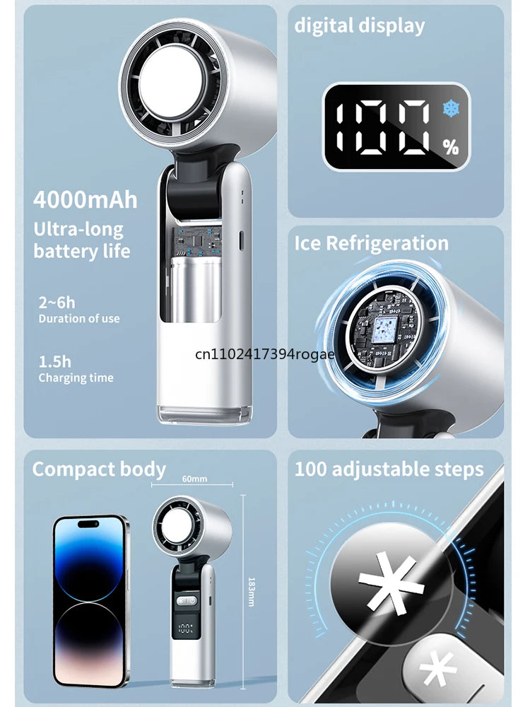 Ice Cooling Fan Mini Portable Hand Fan USB Rechargeable 4000mAh Foldable Hanging Neck Small Fan Electric Refrigeration Turbo Fan