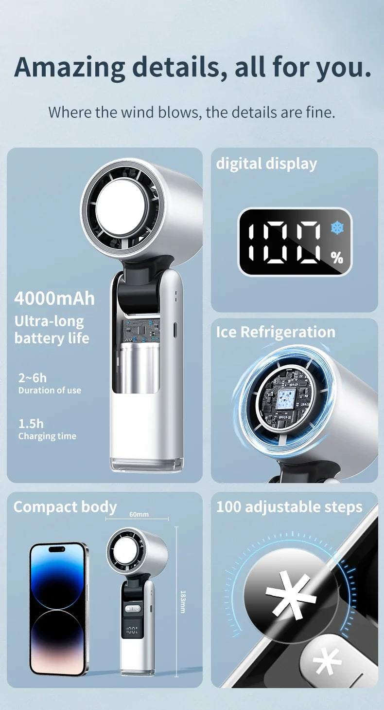 Ice Cooling Fan Mini Portable Hand Fan USB Rechargeable 4000mAh Foldable Hanging Neck Small Fan Electric Refrigeration Turbo Fan