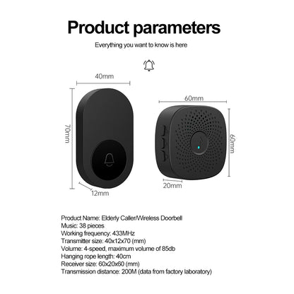 Wireless Doorbell for Home Outdoor USB Smart Door Bell 4-speed Volume Adjust DC 5V Pairing Remote Control 38 Songs Bed Care Call