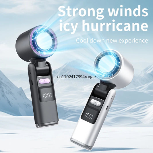 Ice Cooling Fan Mini Portable Hand Fan USB Rechargeable 4000mAh Foldable Hanging Neck Small Fan Electric Refrigeration Turbo Fan