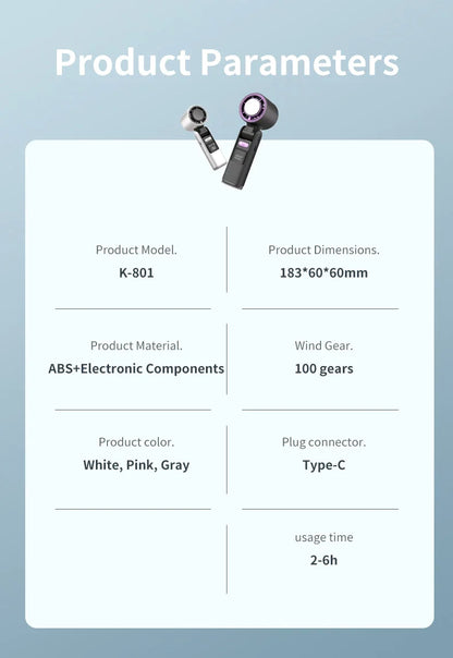 Ice Cooling Fan Mini Portable Hand Fan USB Rechargeable 4000mAh Foldable Hanging Neck Small Fan Electric Refrigeration Turbo Fan
