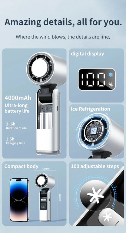 Ice Cooling Fan Mini Portable Hand Fan USB Rechargeable 4000mAh Foldable Hanging Neck Small Fan Electric Refrigeration Turbo Fan